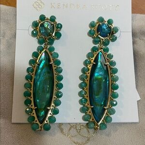 Genevieve Gold Beaded Statement Earrings in Teal NWT